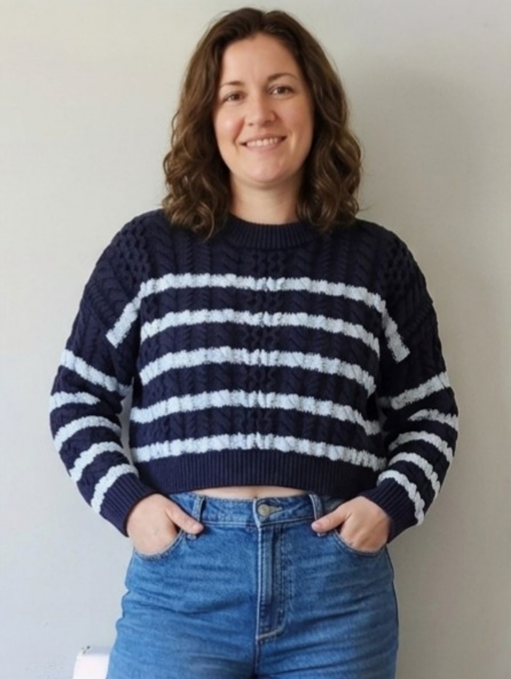 JESSICA SIMPSON Chunky Cable Knit Cropped Sweater Cotton Navy White Striped XL